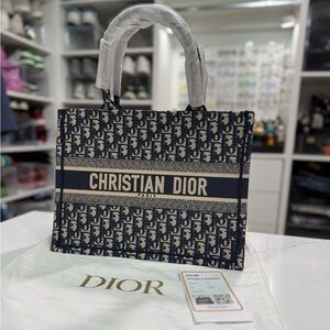 Authentic Dior Medium Book Tote (Navy and Cream)
